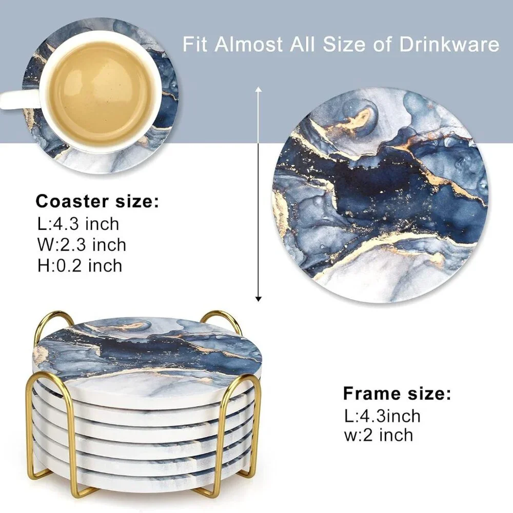 6 Pcs Navy Blue Marble Abstract Ceramic Coasters with Holder Best Absorbent Drin